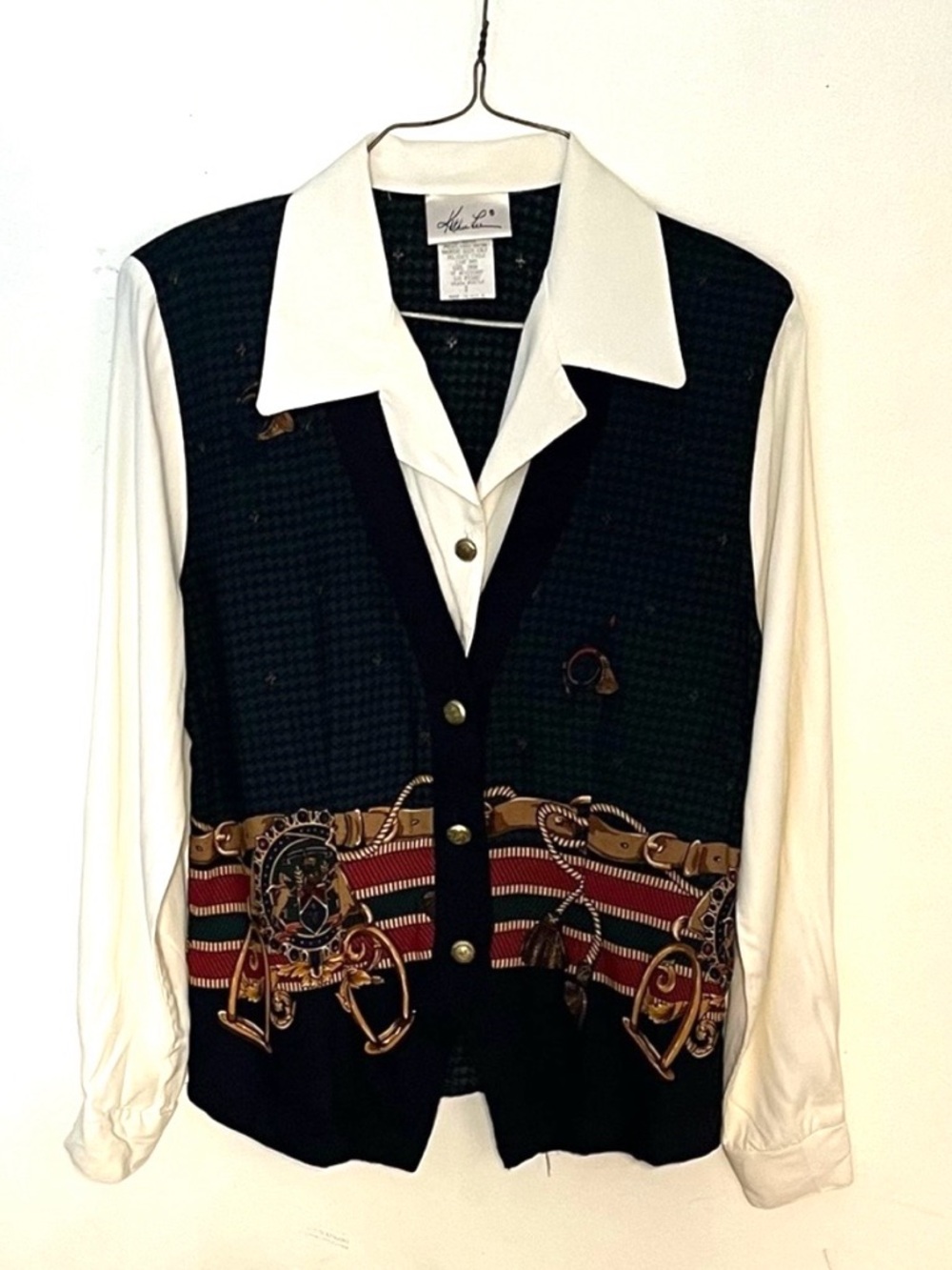 Kathie Lee Collection Vintage Equine Print Button Down Blouse. Size 8. EUC.